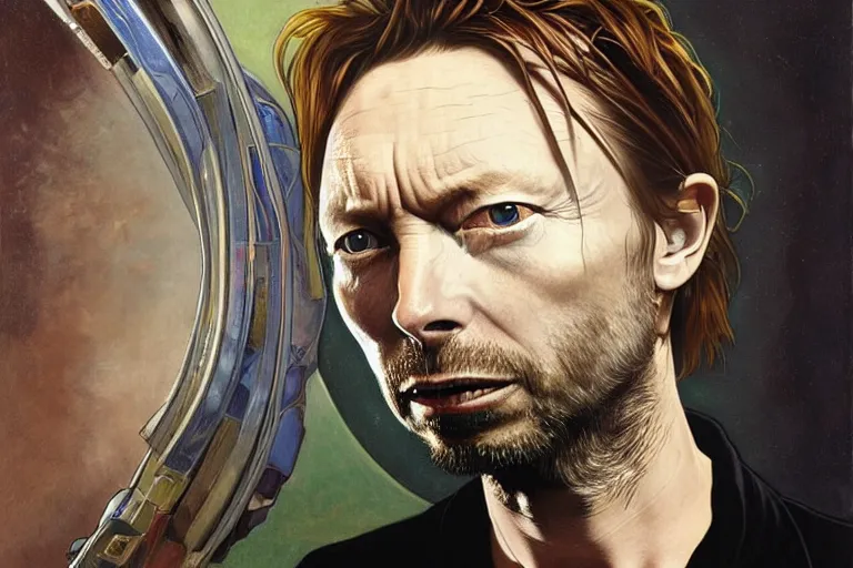 Prompt: hyper realistic portrait of wider faced thom yorke mixed with david bowie, bigger forehead, bigger chin, on a stage, by lee bermejo, alphonse mucha and greg rutkowski