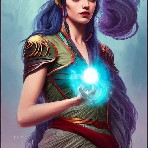 Image similar to a beautiful tarot card of sona with teal colored hair with deep red highlights as a jedi, space fantasy, in the style of magic the gathering, intricate, elegant, highly detailed, digital painting, artstation, concept art, matte, sharp focus, illustration, art by greg rutkowski and alphonse mucha