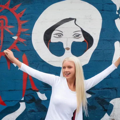 Image similar to platinum - blonde - haired hime - cut blue - eyed 1 9 - year - old nordic princess wearing white leggings and black jacket, adoring communist mural on wall, post - revolutionary era, toulouse france