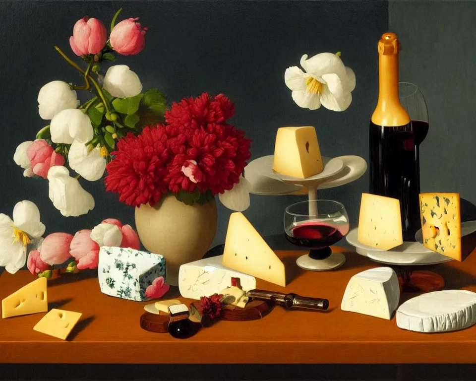 Prompt: an achingly beautiful still life featuring blooming flowers, cheese, red wine, and miniatures by Raphael, Hopper, and Rene Magritte. detailed, romantic, studio lighting, enchanting, trending on artstation.