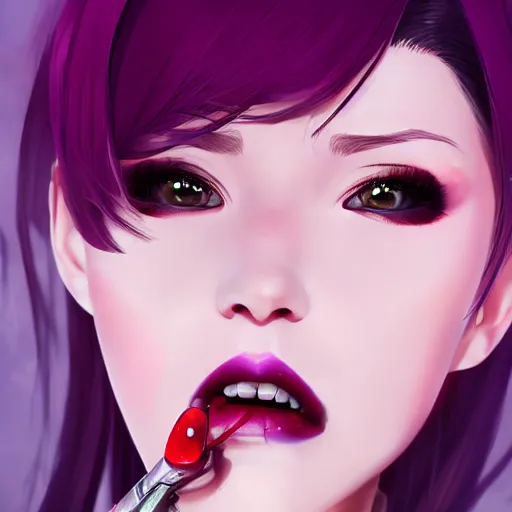 Image similar to pouty lips of vampire woman holding a bullet her teeth. purple gloss by ilya kuvshinov, rossdraws global illumination anime, digital art rococo