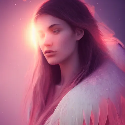 Image similar to portrait art of female angel by alessio albi 8 k ultra realistic, angel wings, lens flare, atmosphere, glow, detailed, intricate, full of colour, cinematic lighting, trending on artstation, 4 k, hyperrealistic, focused, extreme details, unreal engine 5, cinematic, masterpiece