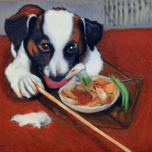 Prompt: dog eating chicken drumstick with chopsticks by monet