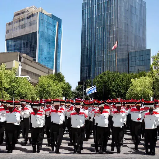 Image similar to army march in infinitia square in front of infinian de gowyernmentıa in government center during mother's day, anime