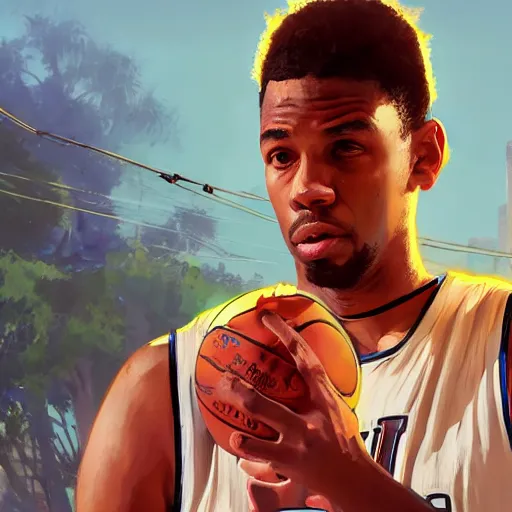 Image similar to highly detailed basketball player, in gta v, stephen bliss, unreal engine, fantasy art by greg rutkowski, loish, rhads, ferdinand knab, makoto shinkai and lois van baarle, ilya kuvshinov, rossdraws, tom bagshaw, global illumination, radiant light, detailed and intricate environment