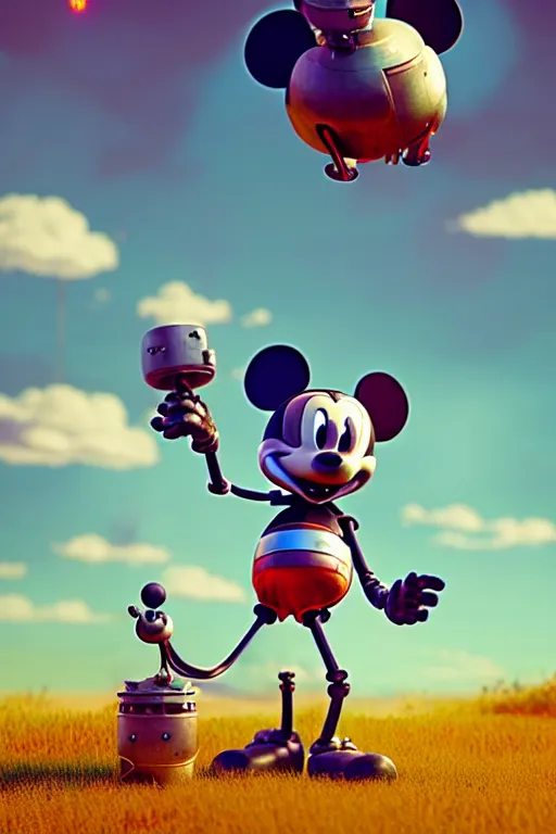 Prompt: a skeletal, botanical mickey mouse taking a giant robot for a walk by beeple, highly detailed, rendered in octane