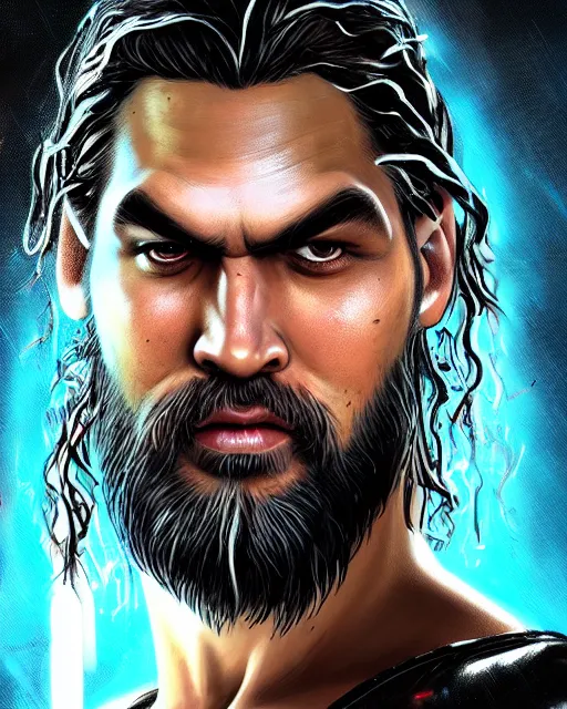 Prompt: An epic fantasy comic book style portrait painting of a very imposing Industrial goth Jason Momoa in the rain, wet hair, neon reflections, character design by Mark Ryden and Pixar and Hayao Miyazaki, unreal 5, DAZ, hyperrealistic, octane render, cosplay, RPG portrait, dynamic lighting, intricate detail, cinematic