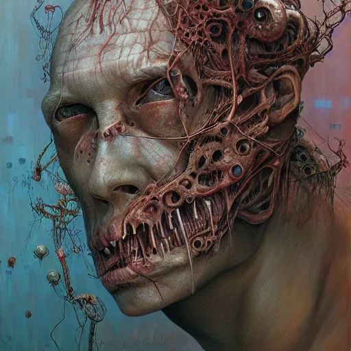 Image similar to the nostalgia critic portrait, body horror, biopunk, creative design, oil on canvas, zdzisław beksinski, marco mazzoni, peter gric