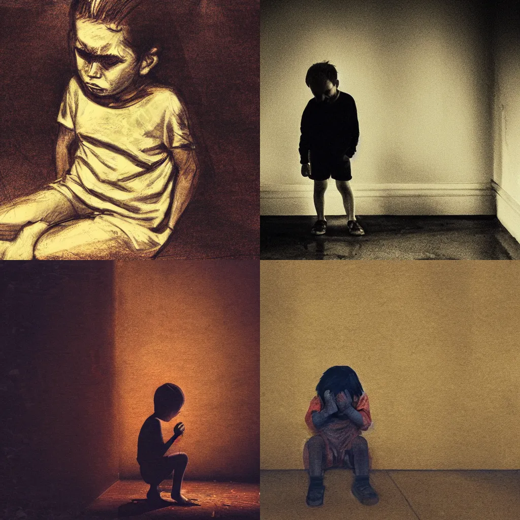 Prompt: a crying kid crouched in a corner slowly being enveloped by evil darkness, dramatic lighting, cinematic scene, melting, fading away, eerie, impressionism, award-winning