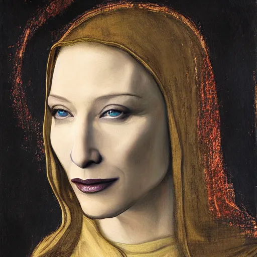 Image similar to painting of cate blanchett as jesus by leonardo davinci