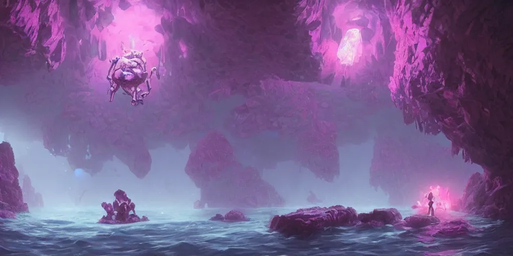 Prompt: giant crystal golem, d & d 5 e creature, bright pink purple lights, underwater, watery caverns, art by greg rutkowski