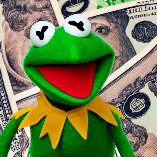 Image similar to Kermit the frog on top of a pile of money, laughing maniacally, big smile, full body, high definition