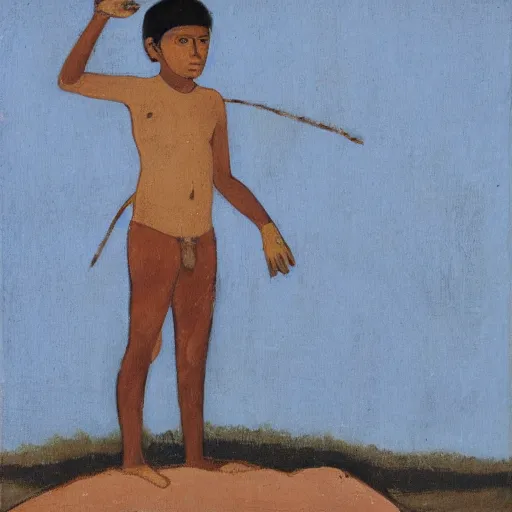 Image similar to indigenous boy standing on a barren plain muted colors