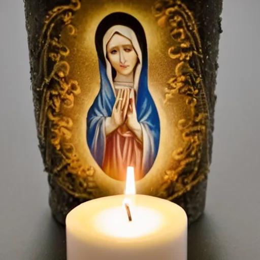 Image similar to virgin mary on a candle except its a woman dressed in day if the dead dress and makeup