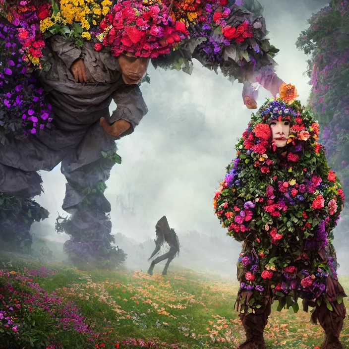 Image similar to a golem wearing a cloak made of flowers, by Omar Z. Robles, CANON Eos C300, ƒ1.8, 35mm, 8K, medium-format print