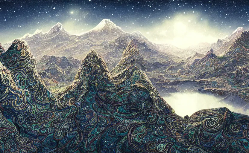 Image similar to mountains, stars and paisley filled sky, artstation, intricate, highly detailed, digital painting, concept art, sharp focus, illustration by Yoshitaka Amano and James Jean