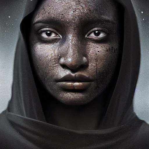 Image similar to a portrait of a young black woman wearing a long dark cloak, hood and shadows covering face, anatomically correct, beautiful perfect face, enigmatic, oil painting, matte painting, black background, Volumetric dynamic lighting, Highly Detailed, Cinematic Lighting, Unreal Engine, 8k, HD, by Beksinski