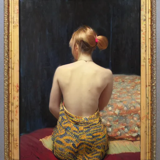 Prompt: girl with pigtails, in african print kimono, backview, bare back, sitting on edge of bed, by jeremy lipking, tim rees, joseph todorovitch