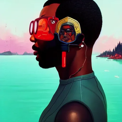 Image similar to side profile of a black man :: blood :: background sea :: intricate details :: futuristic oxygen mask :: 8k :: simon stalenhag and Sandra Chevrier