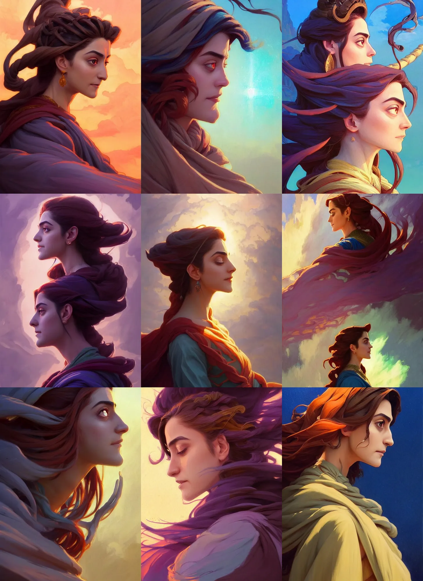 Prompt: side profile centered painted portrait, Maya Ali as a wind sorcerer, D&D, cell-shaded, matte painting concept art, bright backlit, official fanart, 4k, HDR, Mucha style, Trending on artstation, Behance, Pinterest, by Jesper Ejsing and RHADS and Makoto Shinkai and Lois van baarle and ilya kuvshinov and rossdraws and Cushart Krentz and Gilleard James