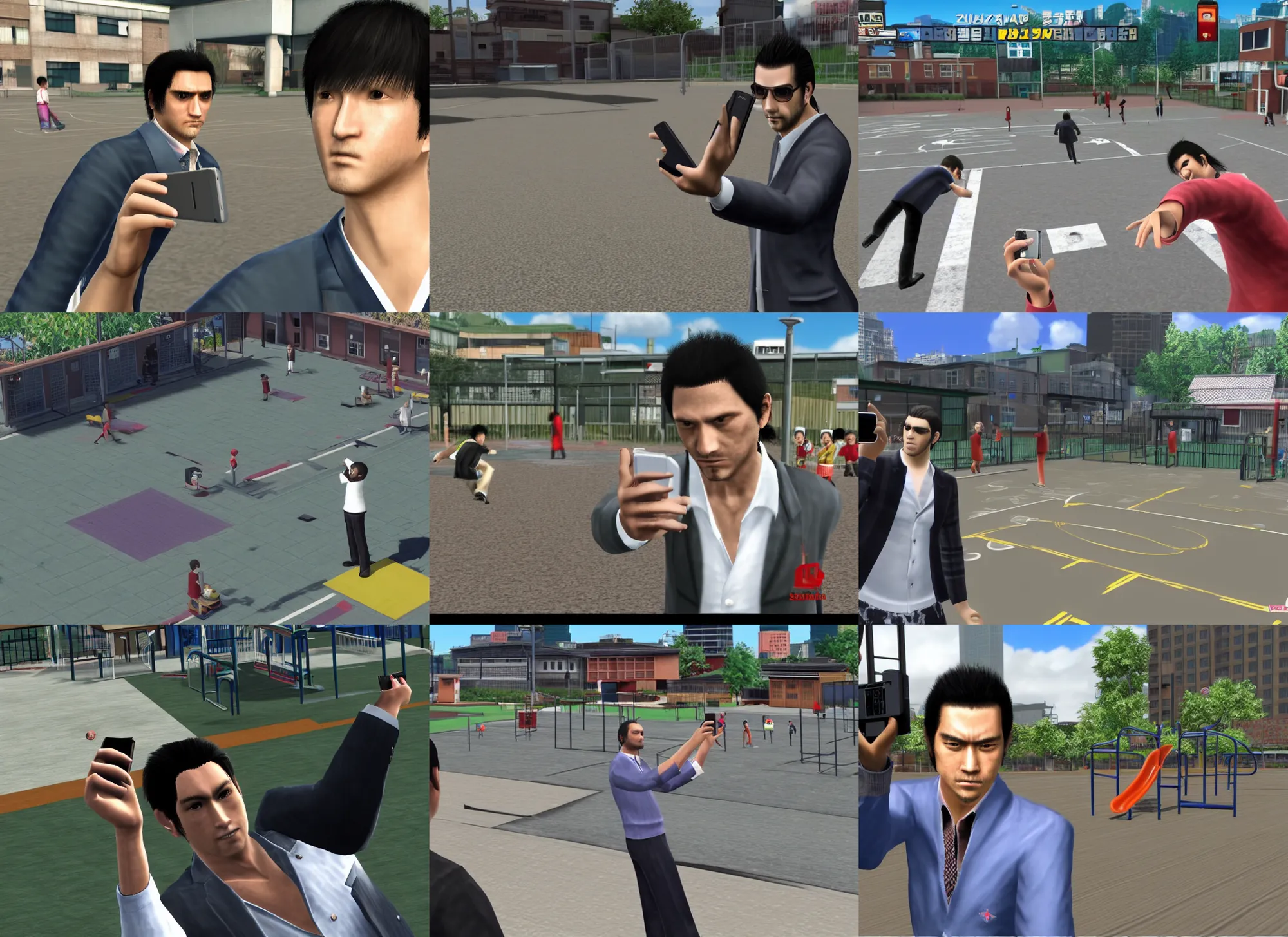 Prompt: a man takes a selfie on the school playground ; game screen shot, yakuza 4, playstation 5