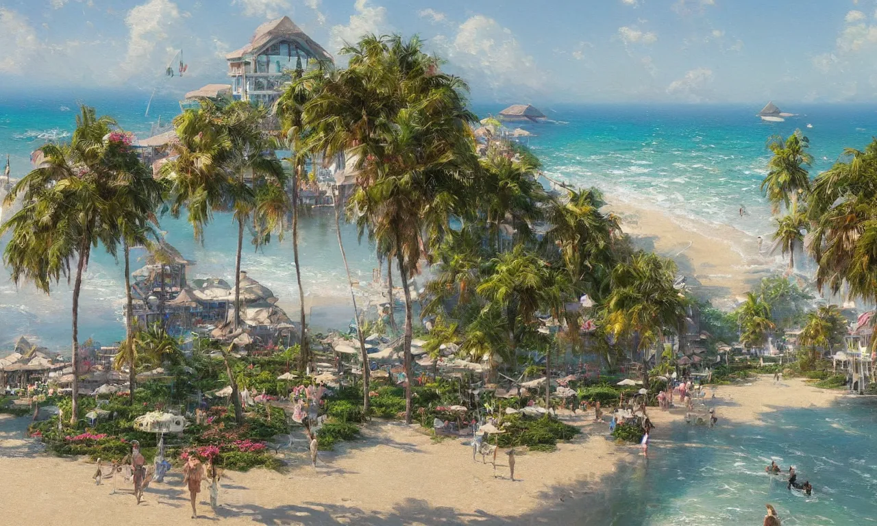 Prompt: a beautiful painting of a resort leading to a view of the beach, by greg rutkowski and thomas kinkade, trending on artstation