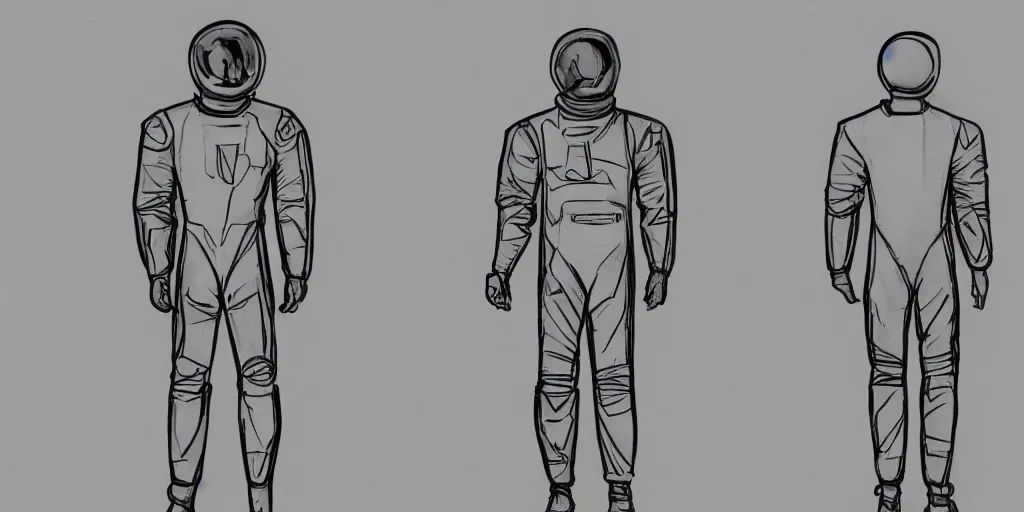 Image similar to male, elongated figure, space suit, minimalist sketch, large shoulders, short torso, long thin legs, tiny feet, character sheet, very stylized, marker shading sketch