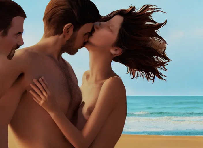 Prompt: couple, man and woman on the beach in couple vol 2 photo reference pack for artists - 2 2 0 jpegs pose, spirit hugs, gold trim, atmoshperic, elegant, sharp focus, sand sea, red sun, huge lips, by by satine zillah, artstation, intricate details