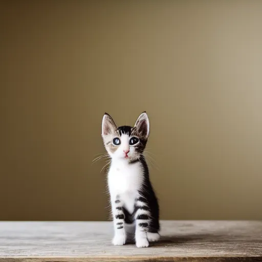 Prompt: a small kitten sitting on top of the table, award winning photography, HDR, natural lighting, , medium close shot, shot on Canon EOS R5, f/2.5,