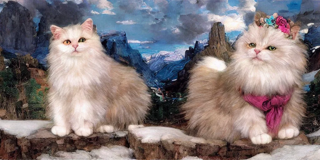 Prompt: 3 d precious moments plush cat with realistic fur and an blue / white / gray / green / pink / tan / mid pink / blue gray color scheme, snowy mountain landscape, master painter and art style of john william waterhouse and caspar david friedrich and philipp otto runge