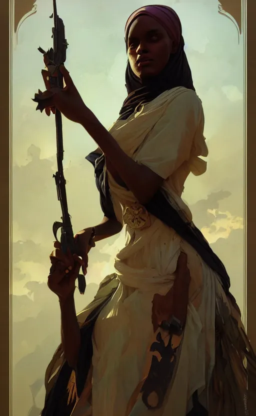 Image similar to a personification of the country somalia, highly detailed, digital painting, artstation, concept art, sharp focus, illustration, art by greg rutkowski and alphonse mucha