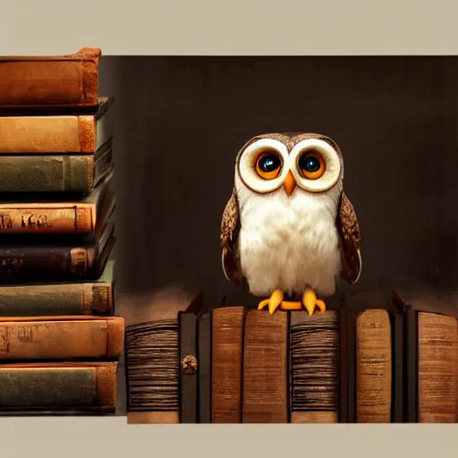 Image similar to long shot of a very cute plushy owl sitting on a pile of antique books, big eyes, eyelids half closed, by esao andrews, humorous illustration, hyperrealistic, big depth of field, fresh colors, dim light, 3 d octane render conceptart, 4 k, hyperdetailed, trending on artstation