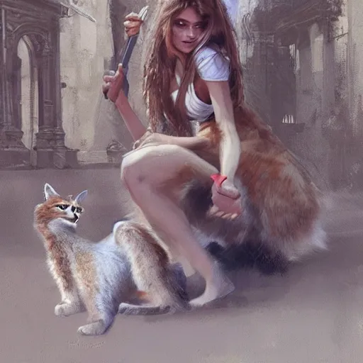 Image similar to young brigitte bardot rides a fluffy caracal in paris, hyperrealistic, detailed, art by greg rutkowski