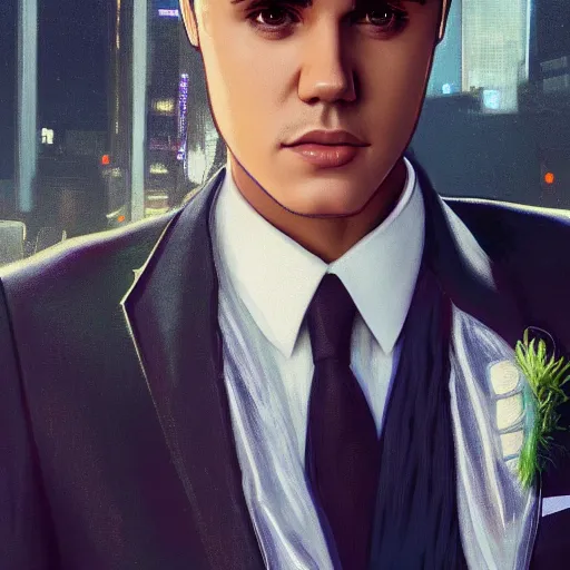 Prompt: Justin Bieber wearing a suit as a grand theft auto 5 loading screen, close shot, intricate, highly detailed, digital painting, artstation, oppressive lighting, concept art, sharp focus, illustration, art by greg rutkowski and alphonse mucha