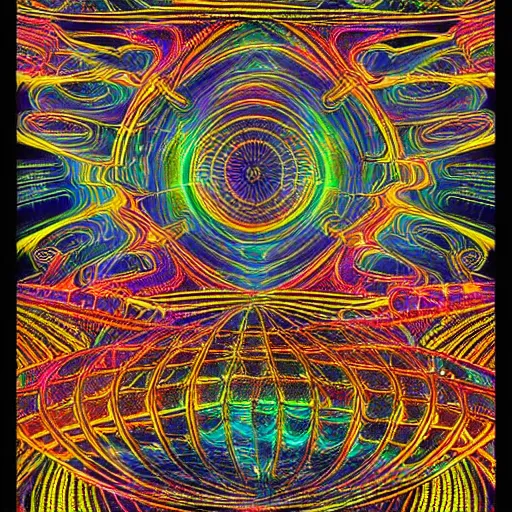 Image similar to artistic depiction of the dmt world, highly detailed and hypnotic