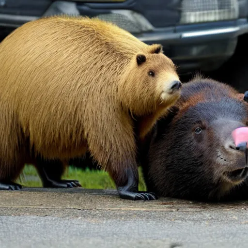 Image similar to capybara policeman arresting a bear