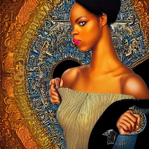 Image similar to hyperdetailed maximalist elaborate half - lenght portrait of a futuristic a beautiful black girl, wearing long clothing. rococo architecture, in the style of modigliani and mixed media collage. matte background hd 8 x