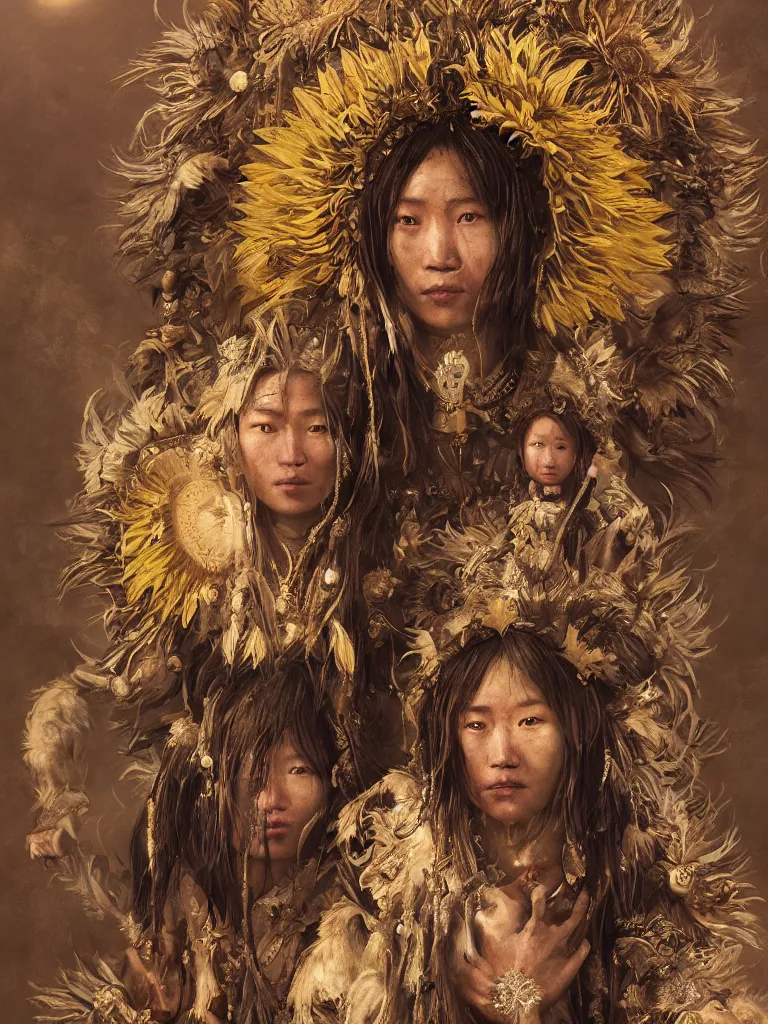 Prompt: a fancy portrait of the sacred sunflower people, a divine mongolian tribe, by Greg Rutkowski, Sung Choi, Mitchell Mohrhauser, Maciej Kuciara, Johnson Ting, Maxim Verehin, Peter Konig, Bloodborne, macro lens, 35mm, 8k photorealistic, cinematic lighting, HD, high details, atmospheric