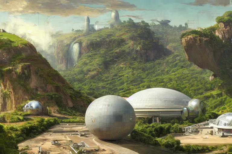 Image similar to a beautiful impressive science fiction big factory with a spherical architecture designed by boeing military and star wars with fat cables and pipes at its base, on a beautiful green hill in a the french countryside during spring season, painting by studio ghibli backgrounds and frederic edwin church hd, nice spring afternoon lighting, smooth tiny details, soft and clear shadows, low contrast, perfect