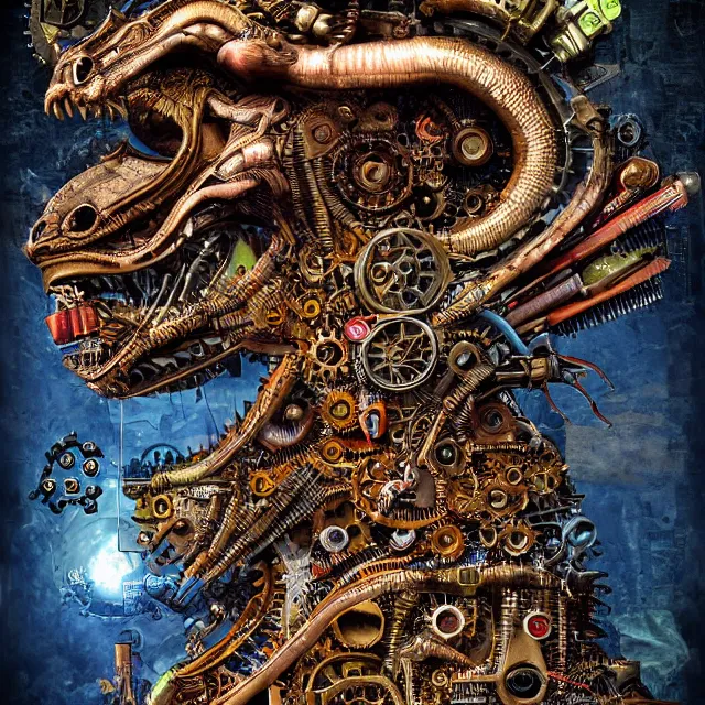 Image similar to profile portrait of a dragon, computer parts, mechanical parts, by giuseppe arcimboldo, steampunk, cyberpunk, futuristic, psychedelic, surreal, sci - fi, vaporwave, alien, dreamlike.