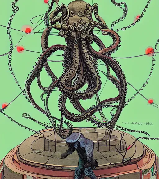 Image similar to a cybernetic octopus in a floating podium, techwear, Industrial Scifi, detailed illustration, character portrait, graffiti art by Martin Grip and Moebius