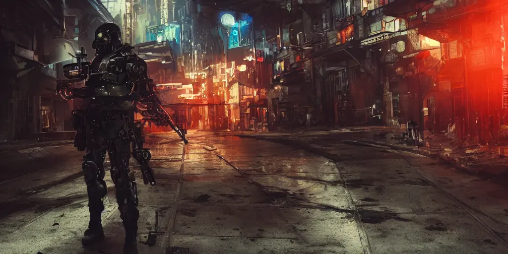 Image similar to panorama military police cyborg shooting a rifle, wearing bullet-riddled armor, glowing red eyes, brutalist industrial cyberpunk alley, blue city lights, dynamic dramatic dark moody lighting,shadows,cinematic atmosphere,Artstation, hyperrealistic 3D digital art,Octane render,8K 4K UHD image