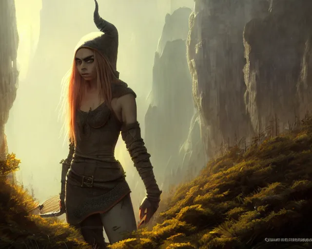 Image similar to highly detailed portrait of cara delevingne as a bald elf, in skyrim, stephen bliss, unreal engine, fantasy art by greg rutkowski, loish, rhads, ferdinand knab, makoto shinkai and lois van baarle, ilya kuvshinov, rossdraws, tom bagshaw, global illumination, radiant light, detailed and intricate environment