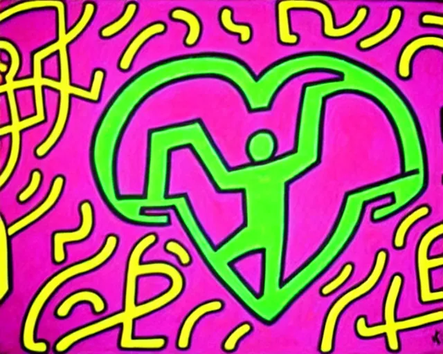 Prompt: graffiti, heart made with circles and lines, vivid colors, highly detailed, simple, no jagged lines, smooth, artstation, artwork by keith haring