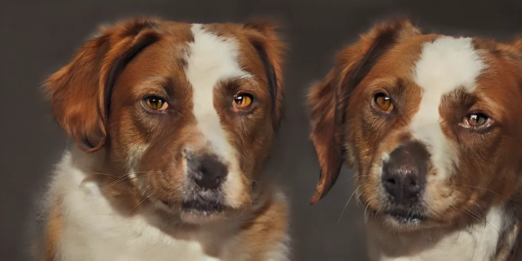 Image similar to a mix of a dog and a cat, cinematic lighting, detailed oil painting, hyperrealistic, 8k