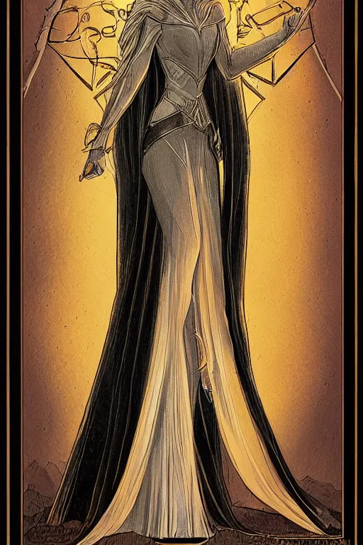 Image similar to tarot illustration of galadriel as the empress by artstation