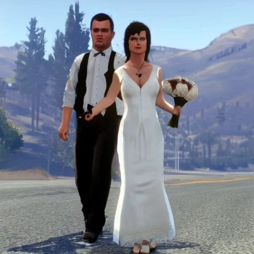 Prompt: young Lucy Lawless in a wedding dress in GTA 5.