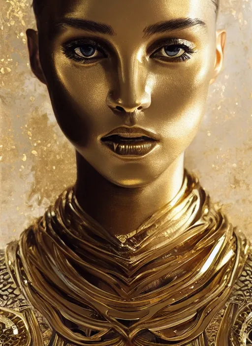 Image similar to sculpture made of gold, portrait, future, shaman, gold, close up, harper's bazaar, vogue, magazine, concept art, ornate, luxury, elite, elegant, trending on artstation, by ruan jia, by Kenneth Willardt, by ross tran, by WLOP, by Andrei Riabovitchev,