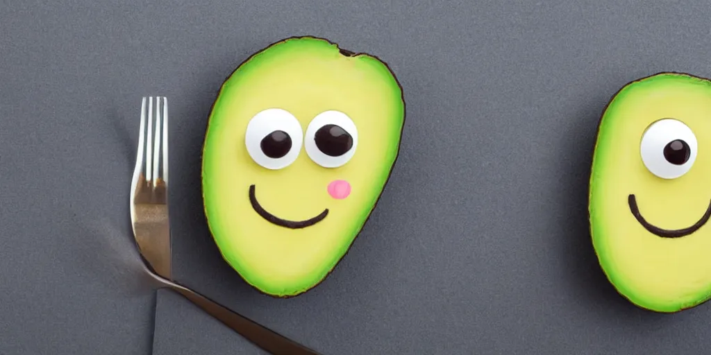 Image similar to cute little smiling avocado robot with cute eyes and forks instead of arms, logo style