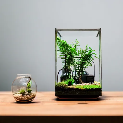 Image similar to a terrarium with a nuclear power plant diorama inside on top of a minimalist table, lit from the side